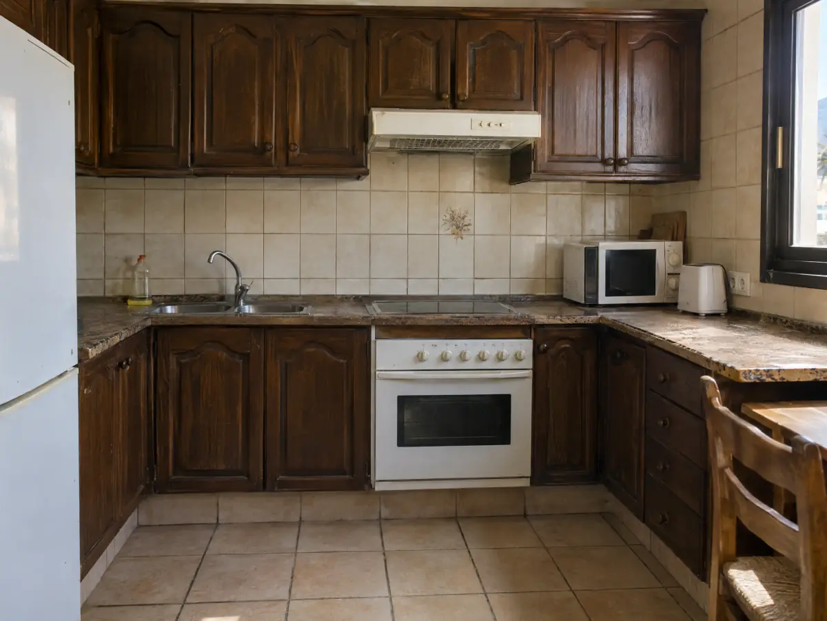 Cocina de un piso de Tenerife antes de la reforma, con muebles de madera oscura y azulejo beige (recreación ilustrativa)