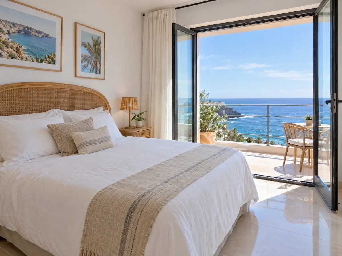 Dormitorio de un apartamento vacacional reformado con balcón al mar