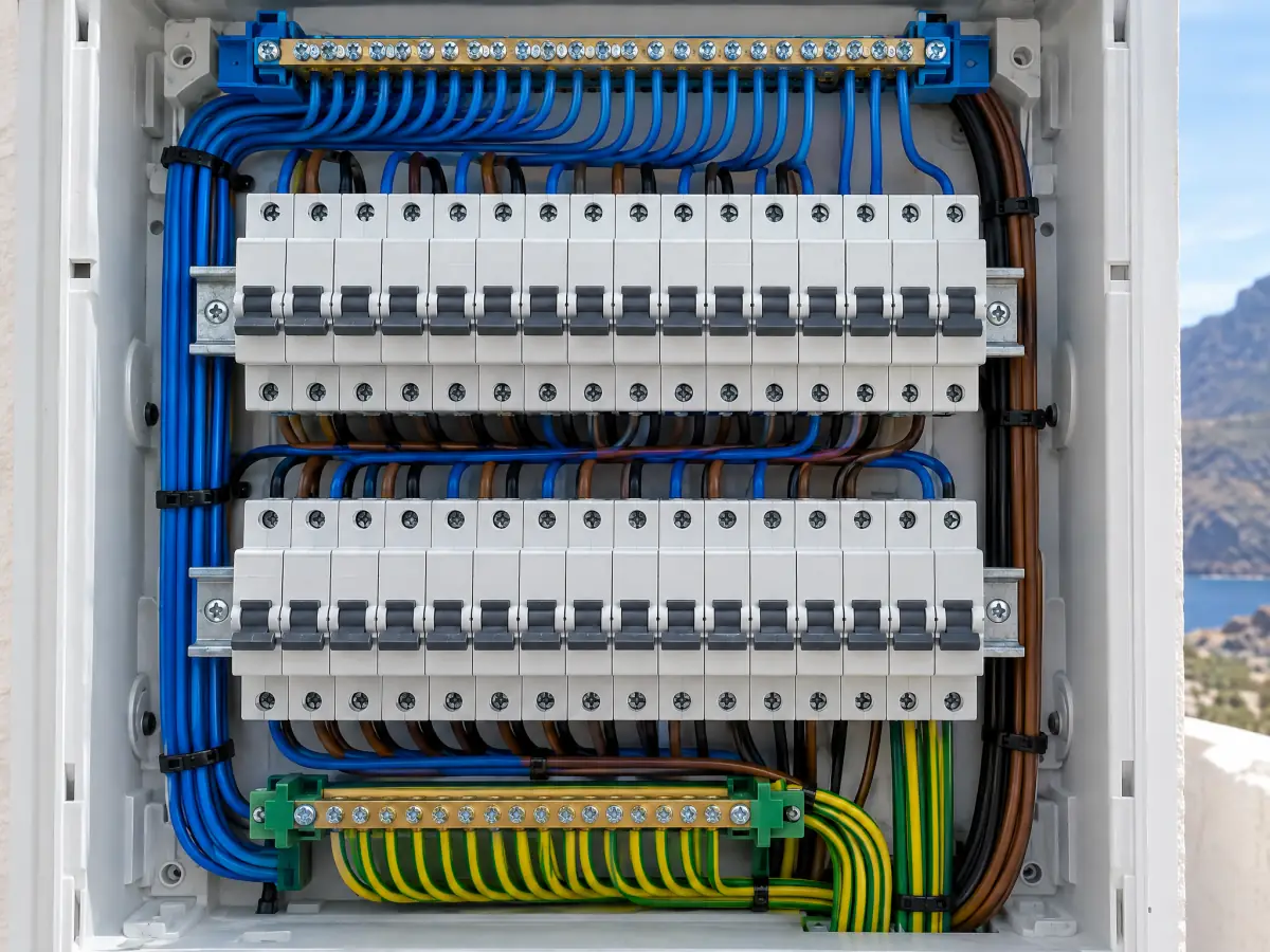 Interior de un cuadro eléctrico nuevo con el cableado ordenado