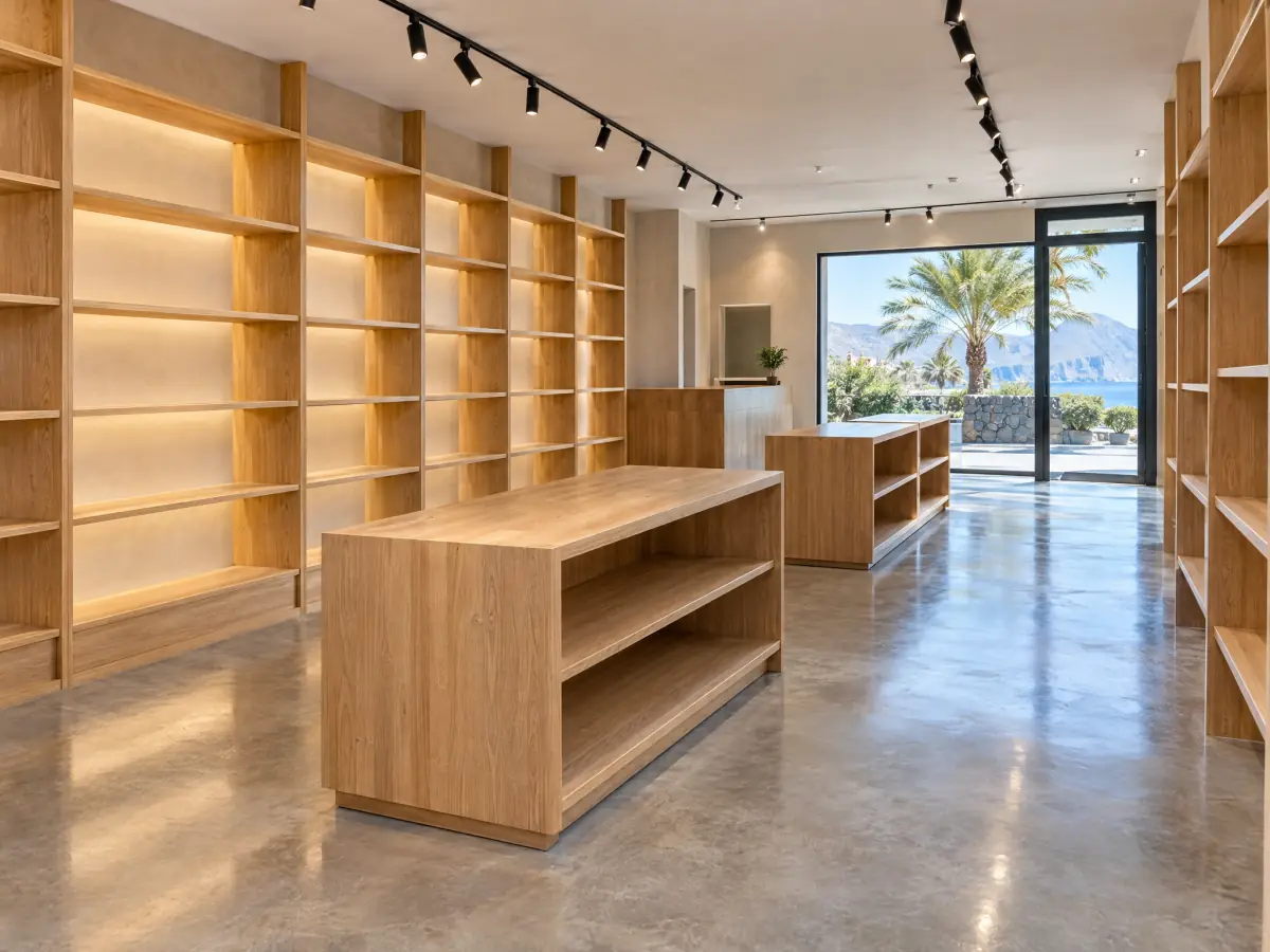 Interior de un local comercial reformado con estanterías de madera y carriles de luz