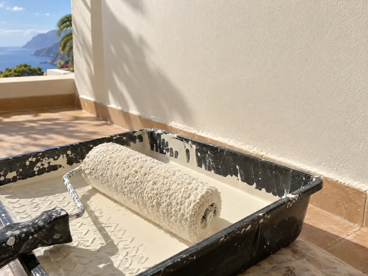 Rodillo y bandeja de pintura junto a una pared recién pintada en blanco cálido