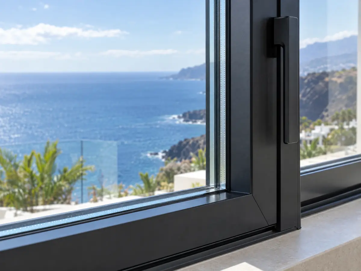 Esquina de una ventana corredera de aluminio negro con rotura de puente térmico