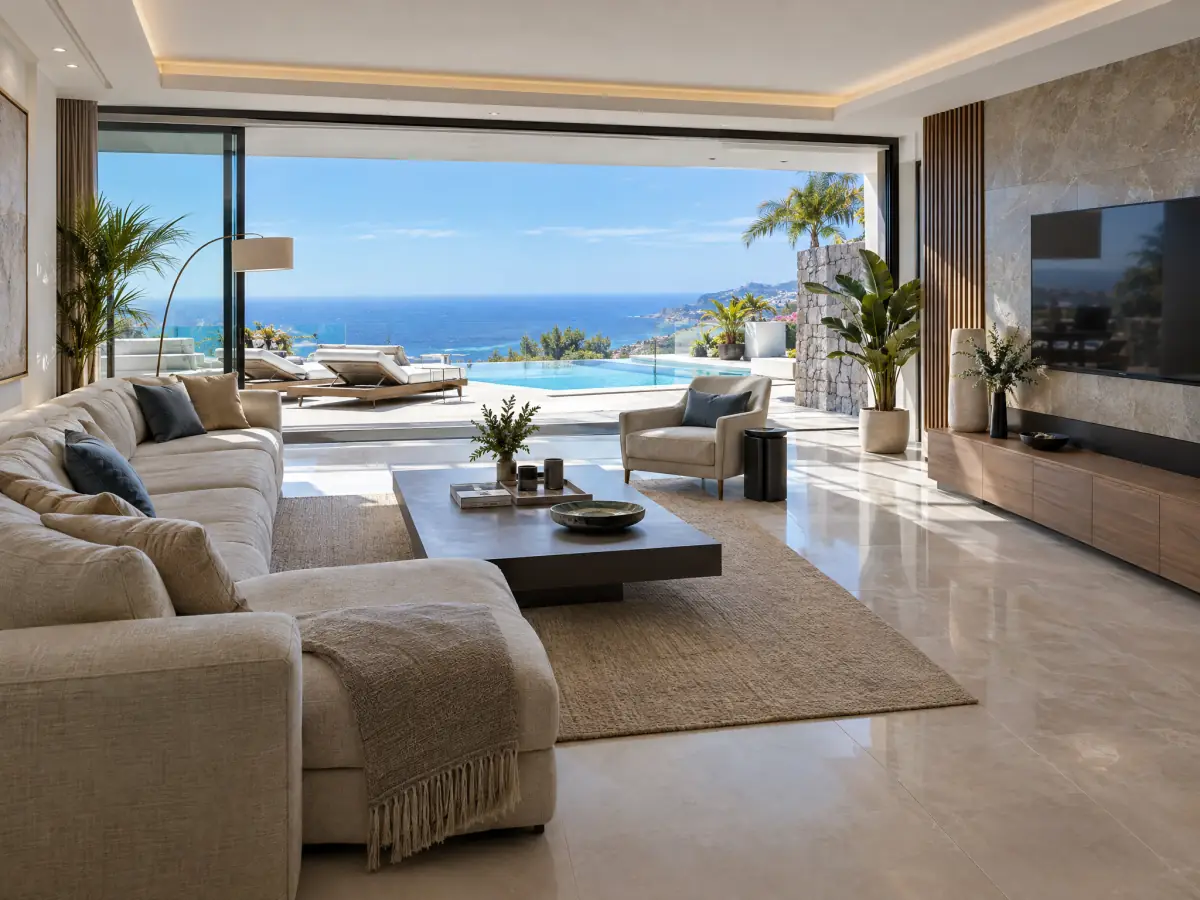Salón de una villa reformada en Costa Adeje abierto a la piscina y al mar
