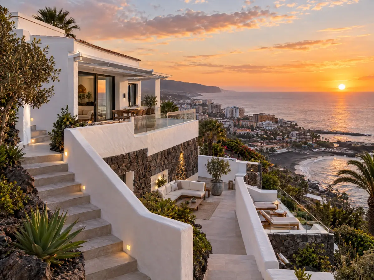 Villa reformada en ladera sobre Playa San Juan al atardecer