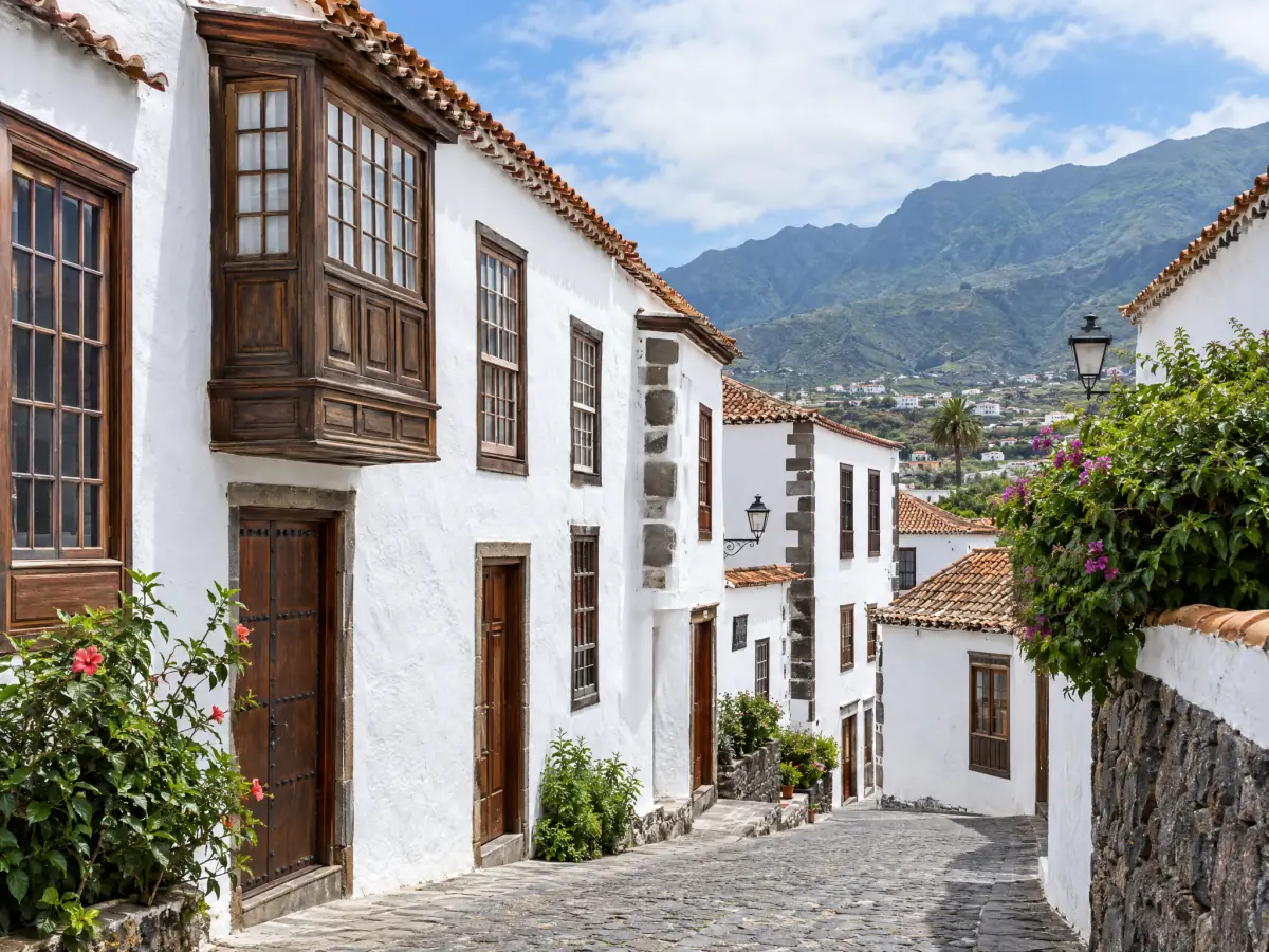 Casas encaladas con ventanas de madera en el casco de Icod de los Vinos