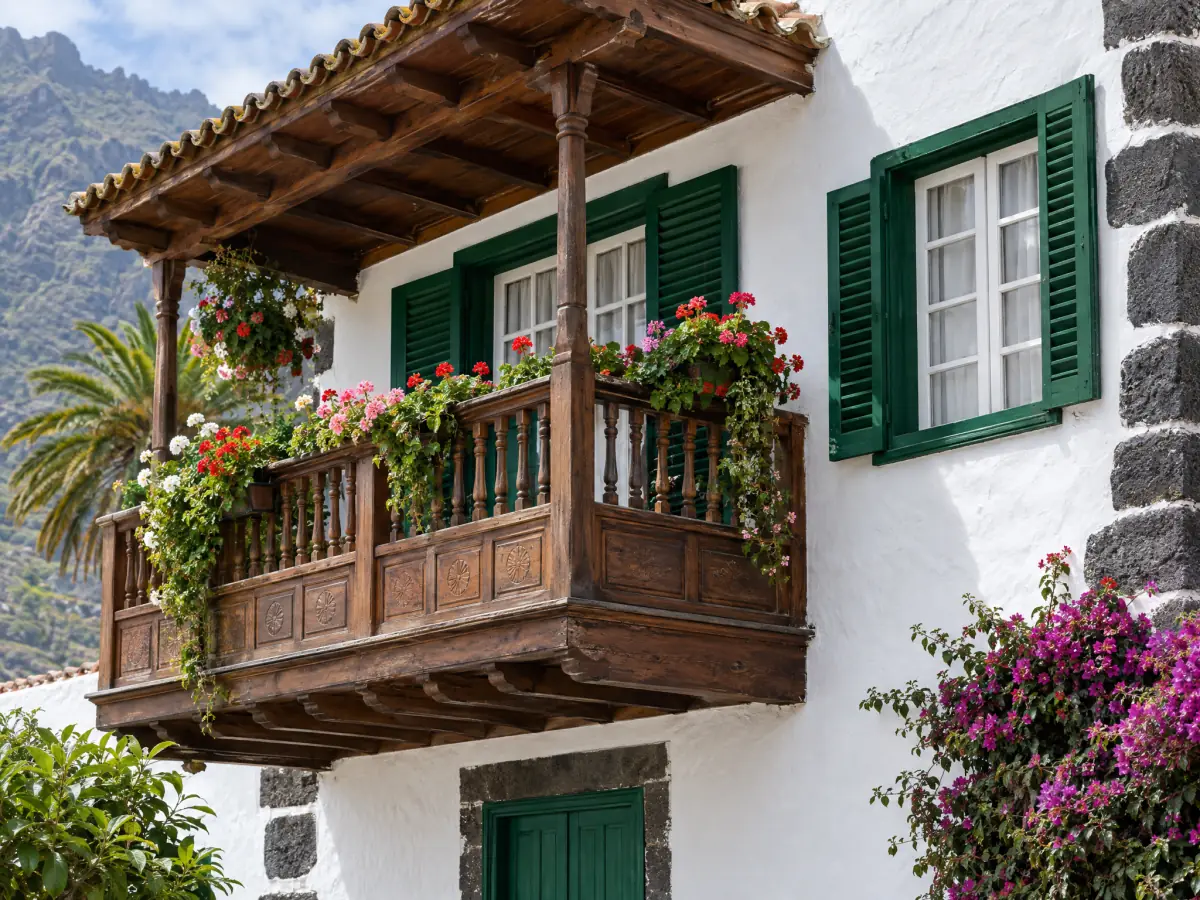 Fachada tradicional de La Orotava con balcón de madera tallada y contraventanas verdes