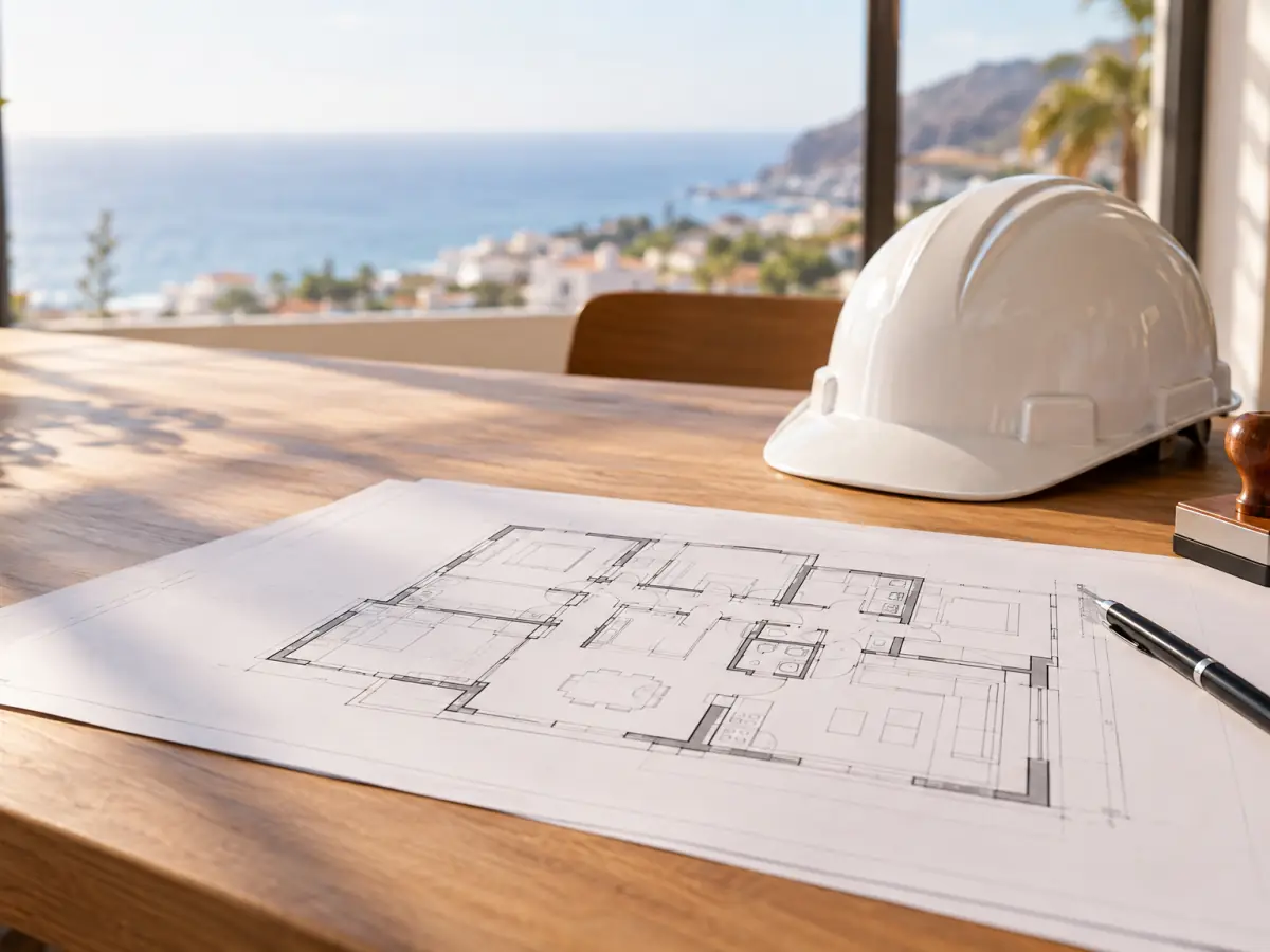 Mesa de proyecto con los planos de una vivienda, casco y sello (recreación ilustrativa)