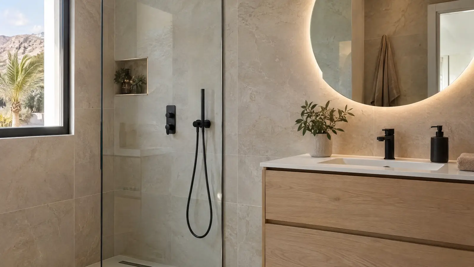 Baño reformado con ducha a ras de suelo, mampara de vidrio y mueble suspendido de roble (recreación ilustrativa)