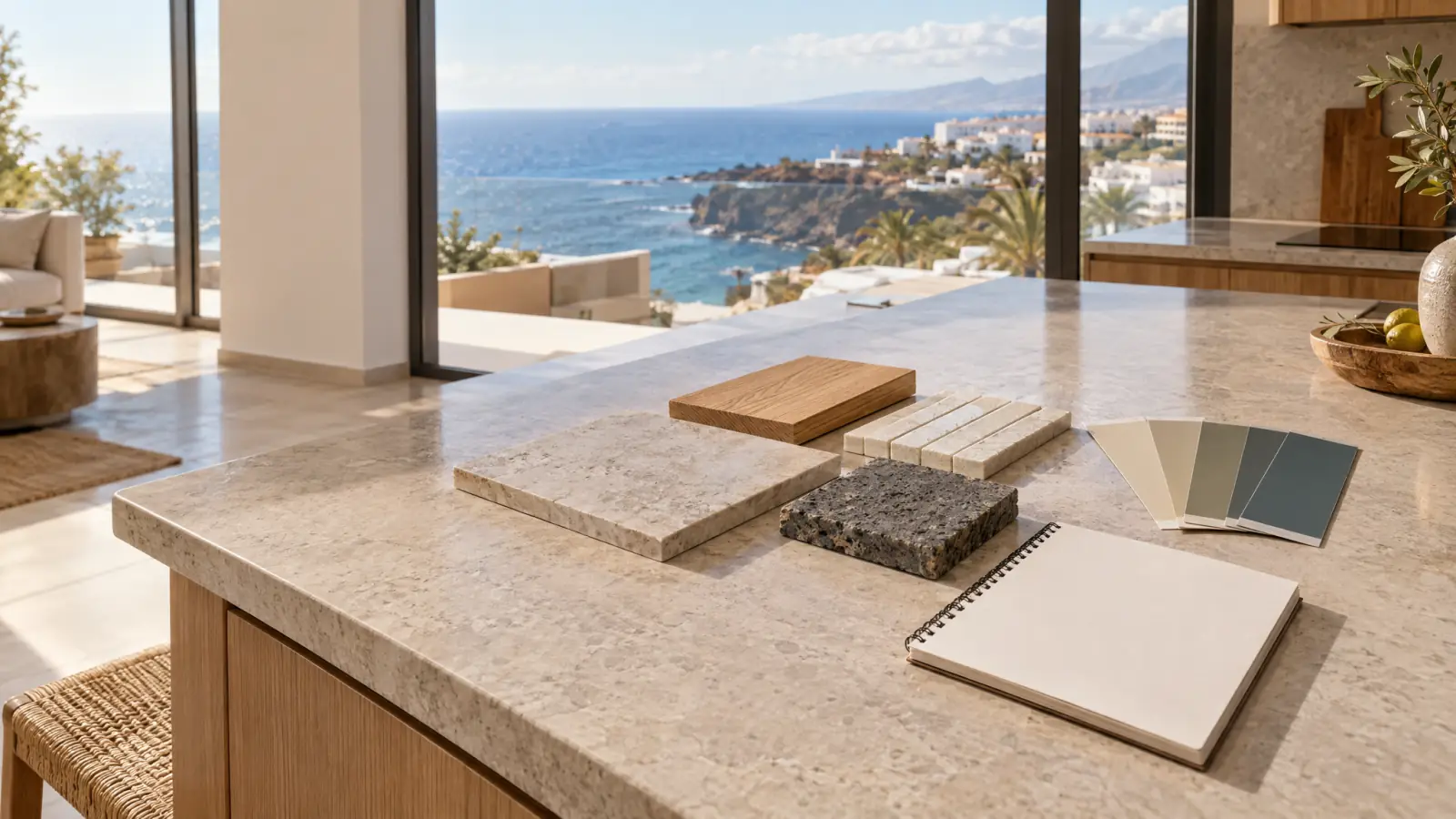 Muestras de azulejo, madera, piedra y pintura sobre la isla de una cocina con vistas al mar (recreación ilustrativa)