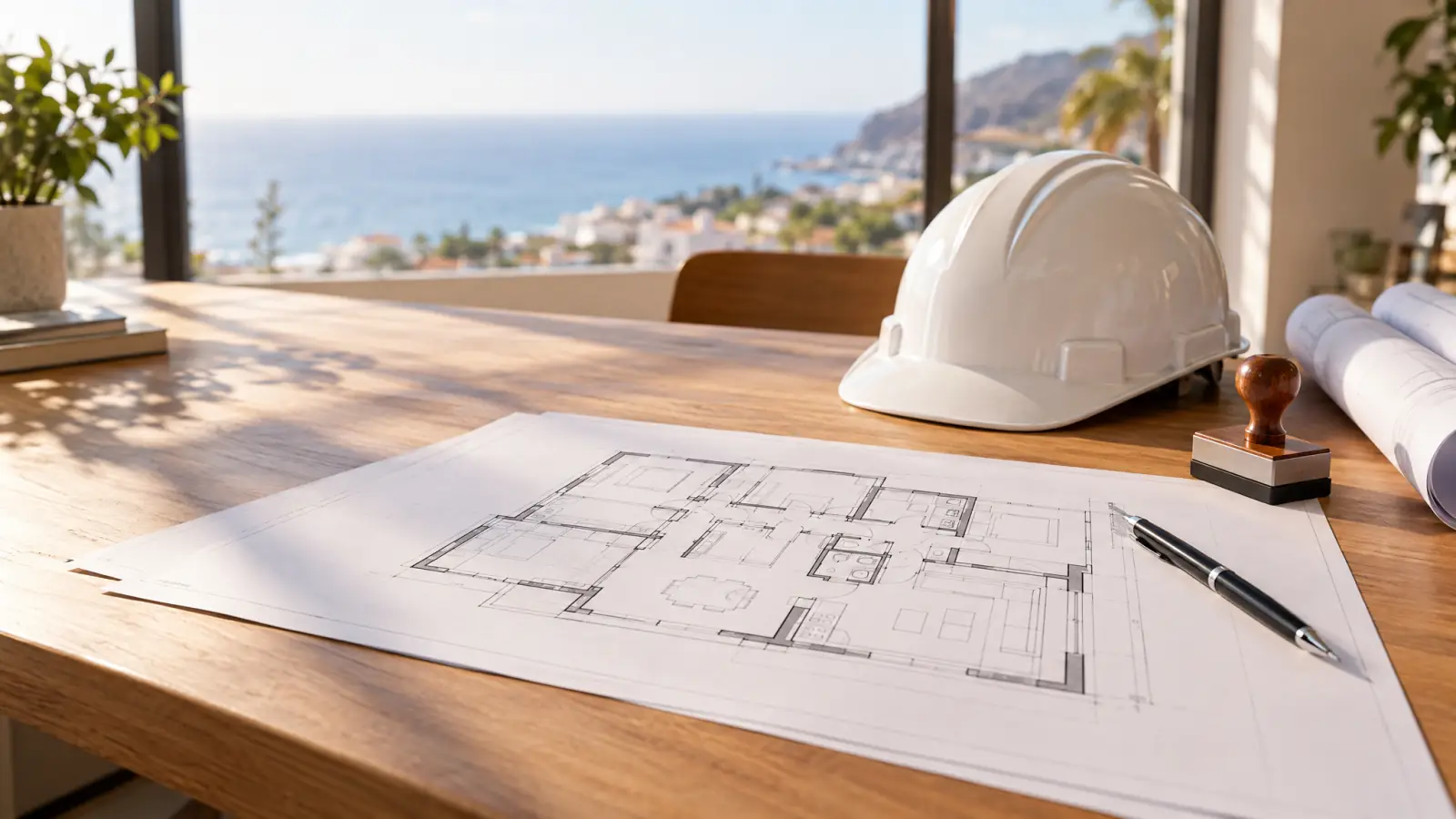 Mesa de proyecto con planos de una vivienda, casco blanco y sello (recreación ilustrativa)