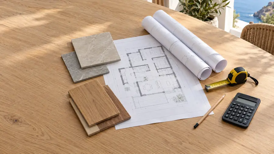 Planos, muestras de porcelánico y madera, flexómetro y calculadora sobre una mesa de roble