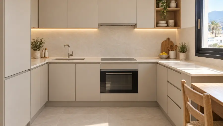 Cocina reformada con muebles lisos color arena, encimera clara e iluminación LED