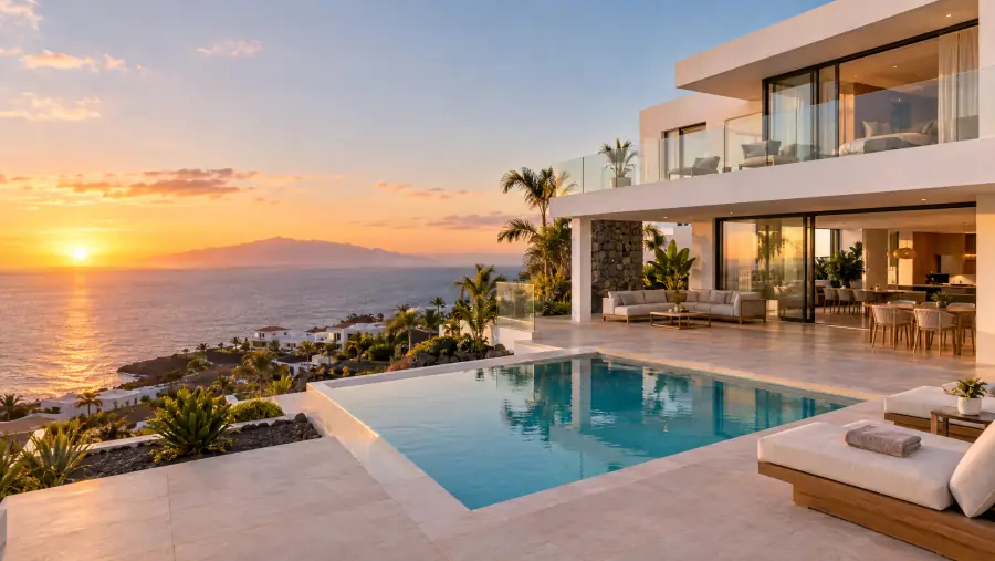Villa contemporánea en Costa Adeje con piscina y La Gomera en el horizonte