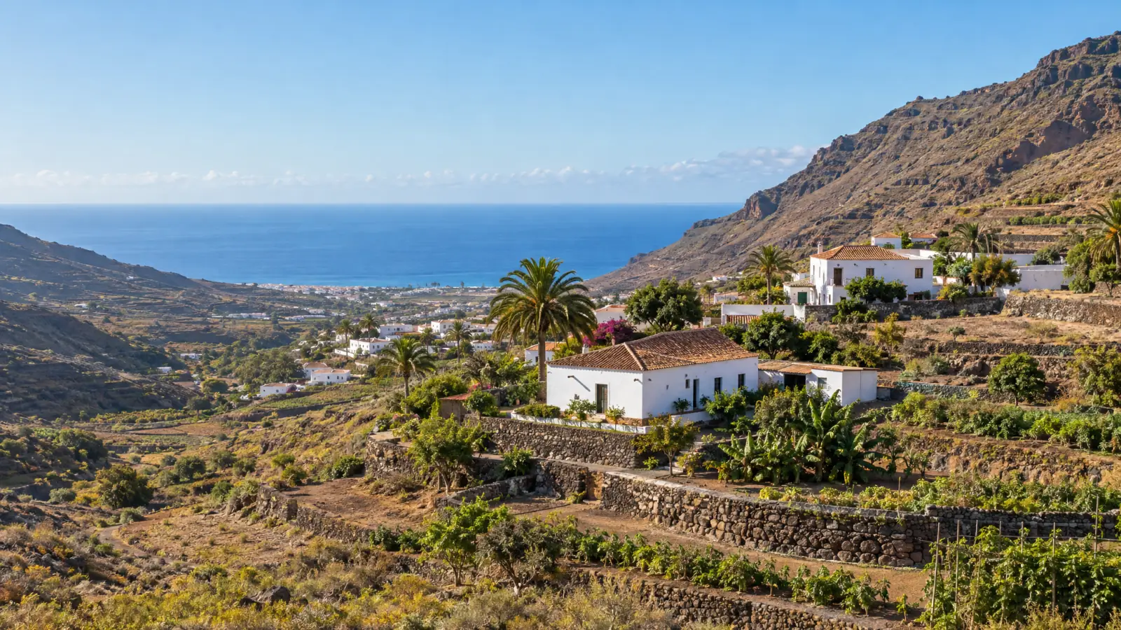 Viviendas unifamiliares en el valle de Güímar con el mar al fondo (recreación ilustrativa)