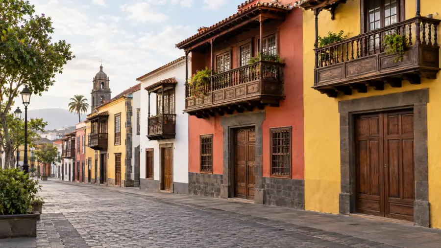 Calle del casco histórico de La Laguna con casas coloniales y balcones de madera