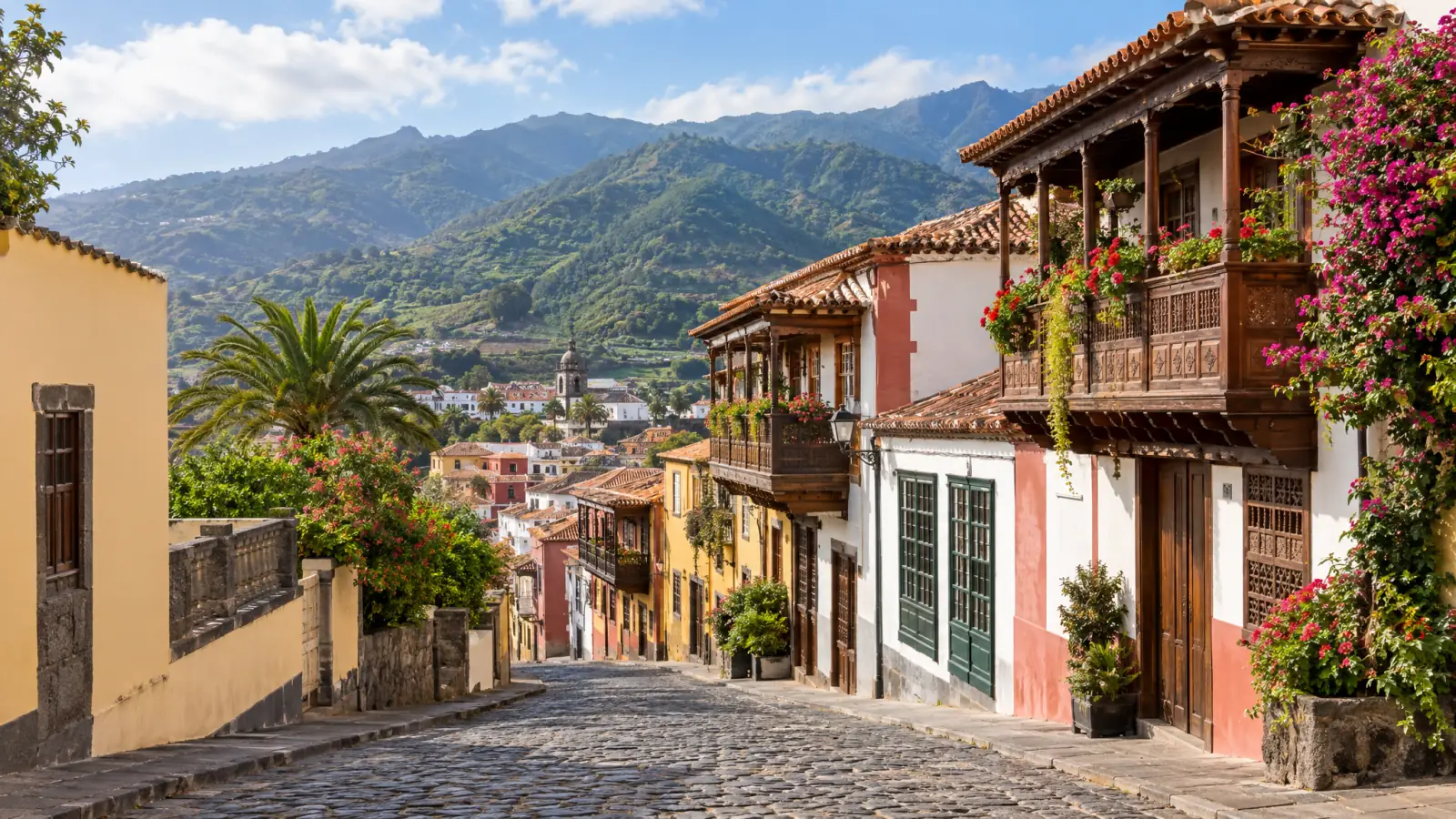 Calle empedrada del casco de La Orotava con balcones canarios de madera (recreación ilustrativa)