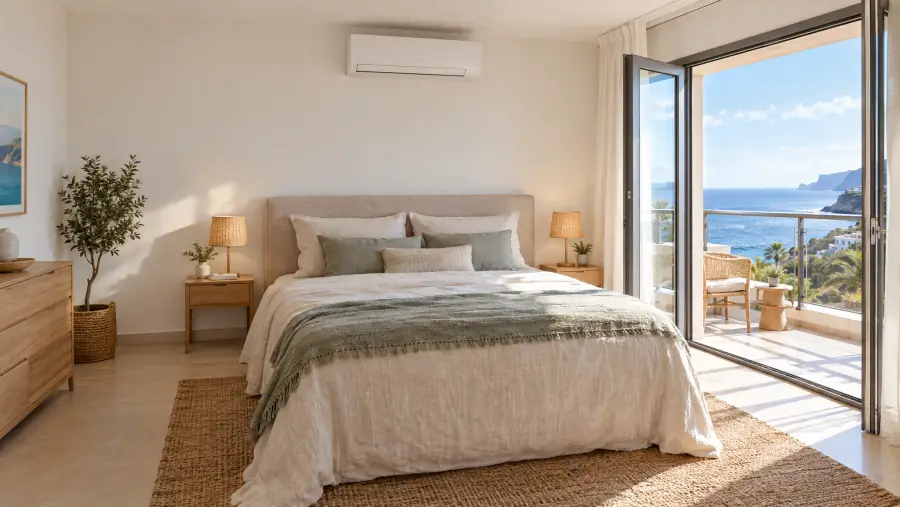 Dormitorio reformado con aire acondicionado de pared y balcón abierto al mar