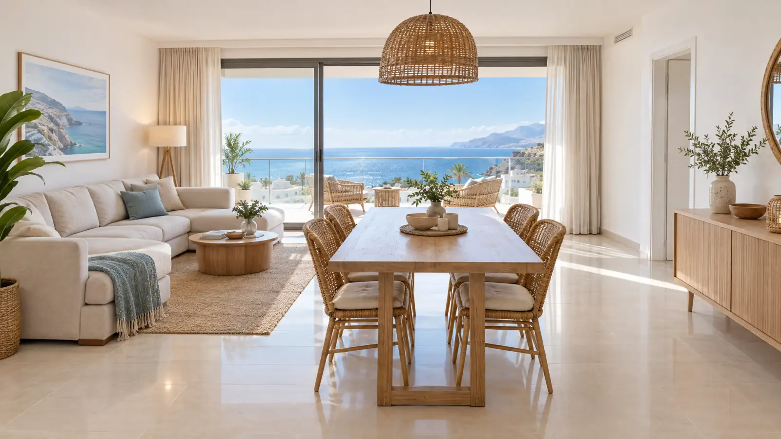 Salón comedor de un apartamento vacacional reformado en el sur de Tenerife con balcón al mar (recreación ilustrativa)