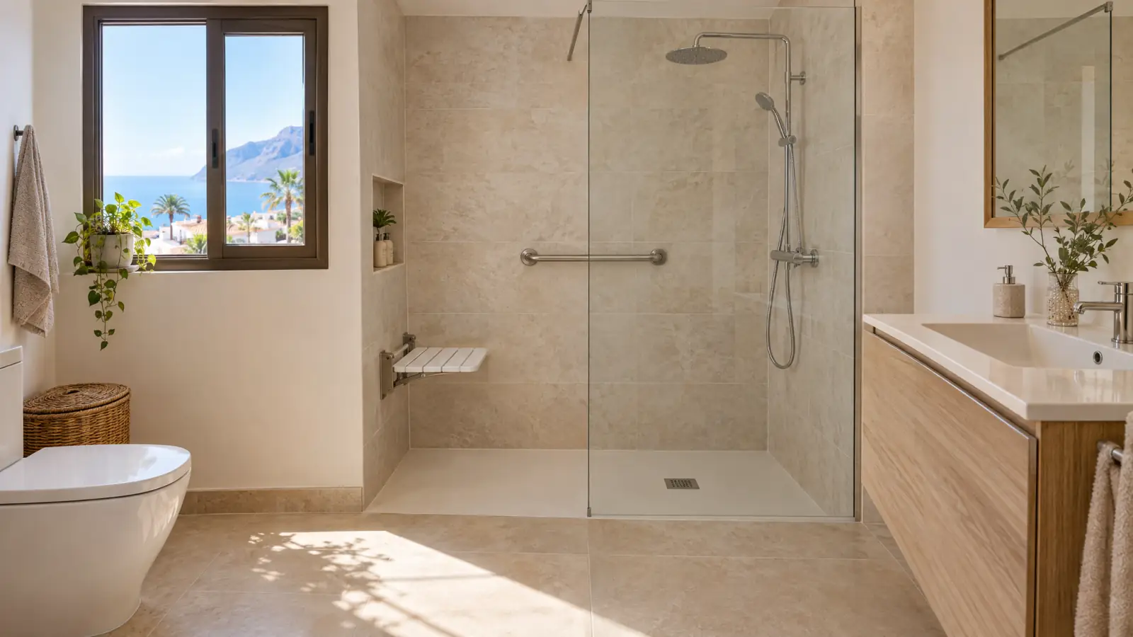 Baño en el que la bañera se ha sustituido por un plato de ducha a ras de suelo con asiento y barra (recreación ilustrativa)