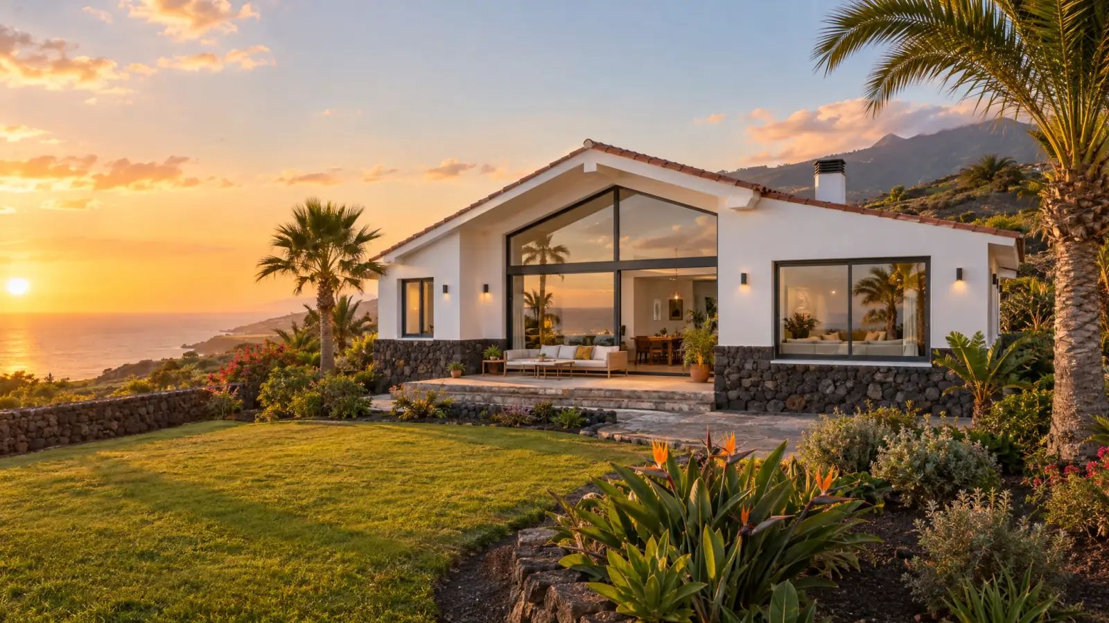 Chalet reformado en las medianías de Tenerife, con piedra volcánica, jardín y vistas al mar (recreación ilustrativa)