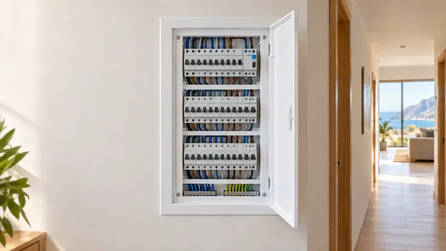 Cuadro eléctrico nuevo con los interruptores ordenados en una vivienda reformada