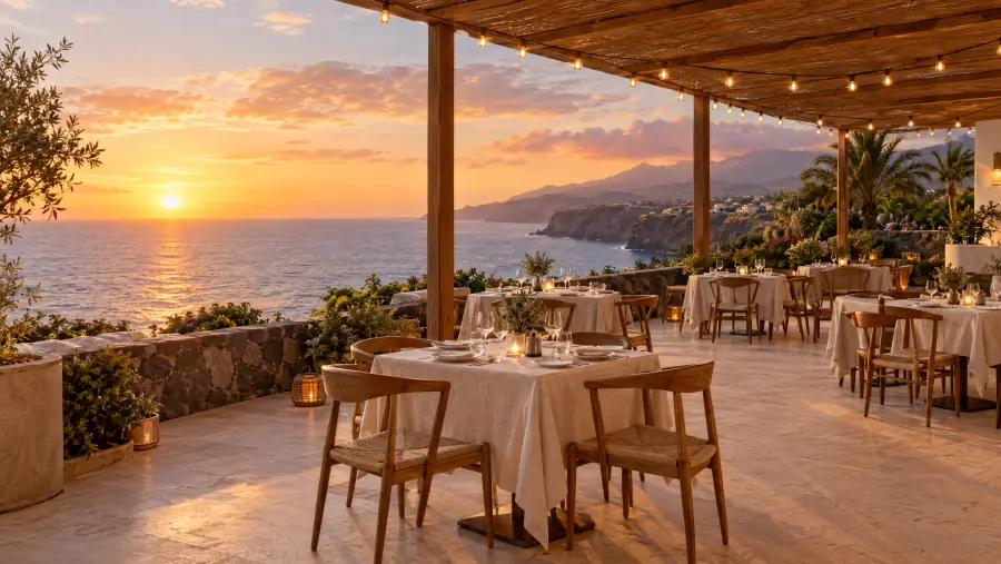Terraza de restaurante reformada frente al océano en Tenerife al atardecer