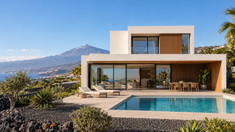 Vivienda unifamiliar de obra nueva en Tenerife, con volúmenes blancos, madera y el Teide al fondo