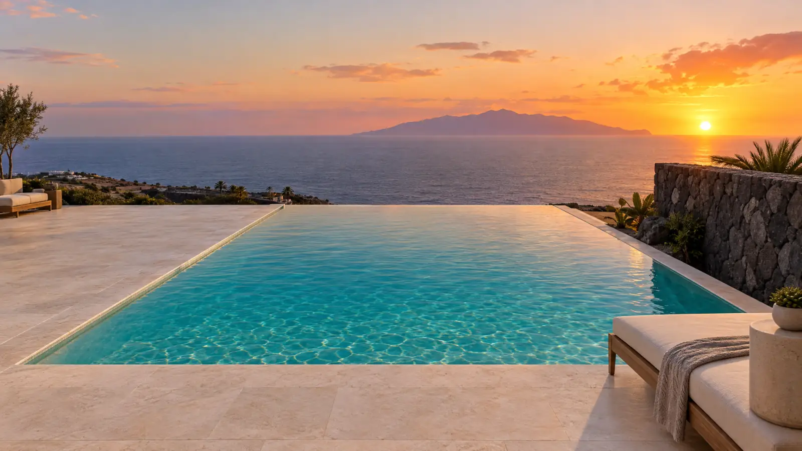 Piscina desbordante reformada en el sur de Tenerife con muro de piedra volcánica y vistas al mar (recreación ilustrativa)