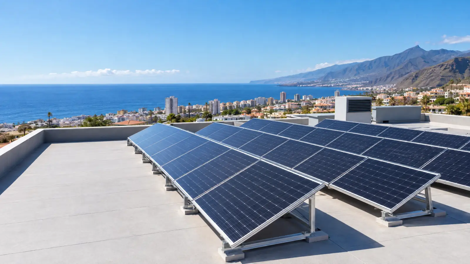 Azotea en Tenerife con placas solares de autoconsumo, la ciudad y el mar al fondo (recreación ilustrativa)