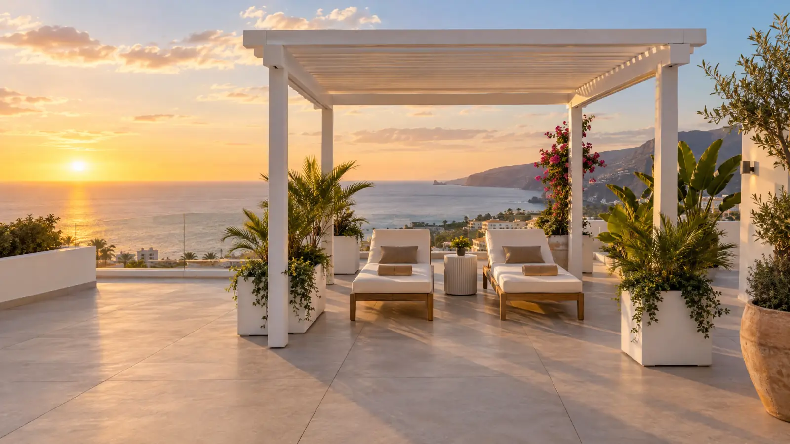 Terraza y solárium reformados con porcelánico exterior, pérgola y vistas al océano (recreación ilustrativa)