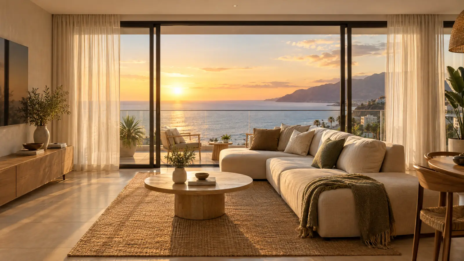 Salón con carpintería nueva de aluminio negro de suelo a techo y vistas al océano (recreación ilustrativa)