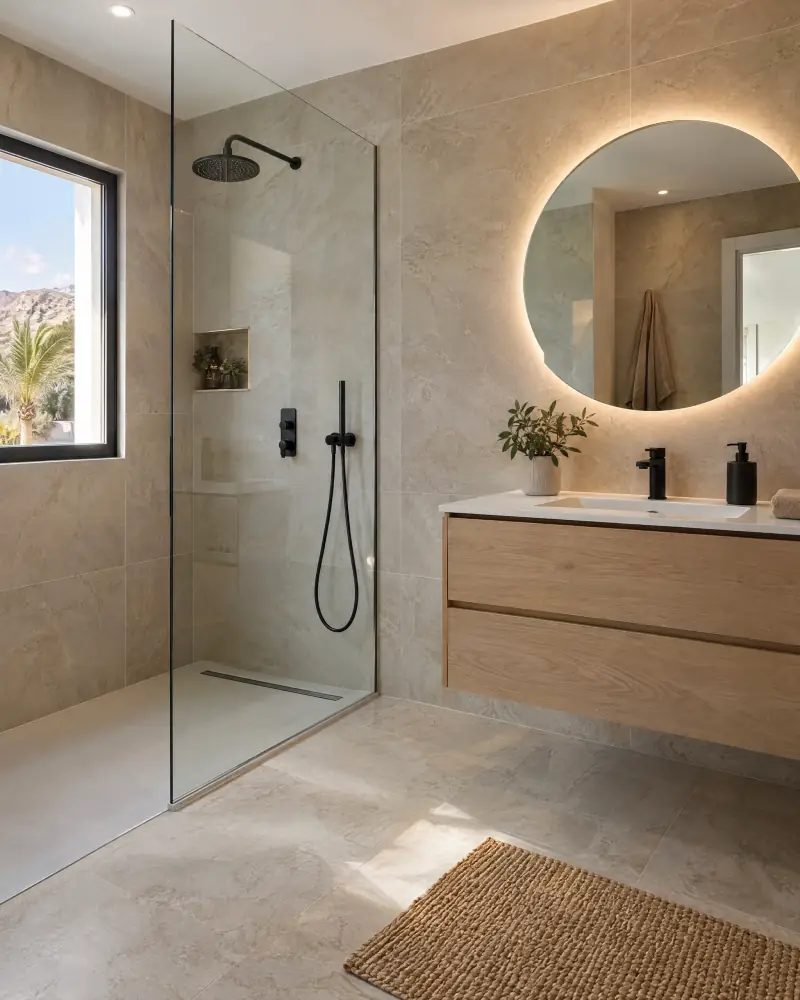 Baño reformado con ducha a ras de suelo, mampara de vidrio y mueble de roble