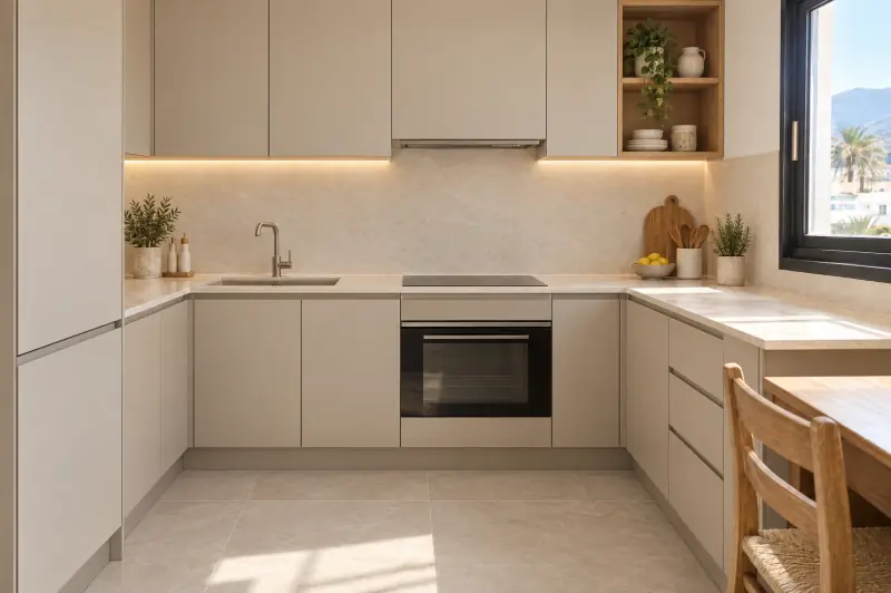 Cocina reformada con muebles lisos color arena y encimera clara en un piso de Tenerife