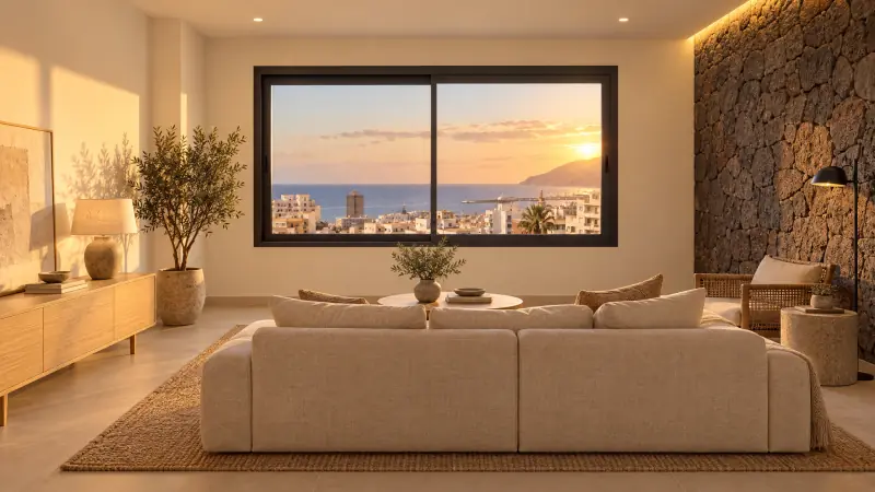 Salón reformado con suelo porcelánico, pared de piedra volcánica y vistas al mar en Tenerife